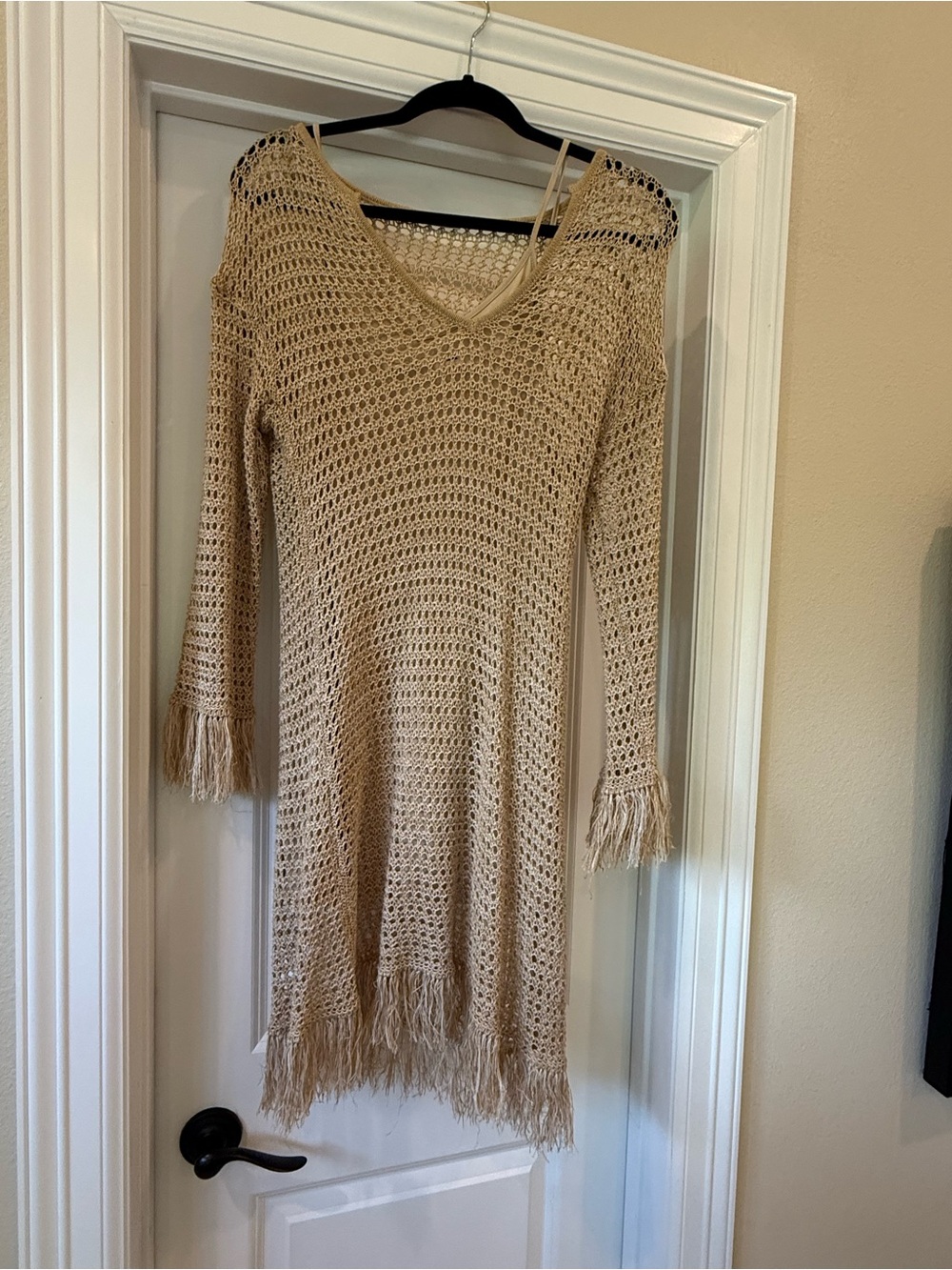 Trina Turk Beige Crochet Fringe V-Neck Cover-Up
